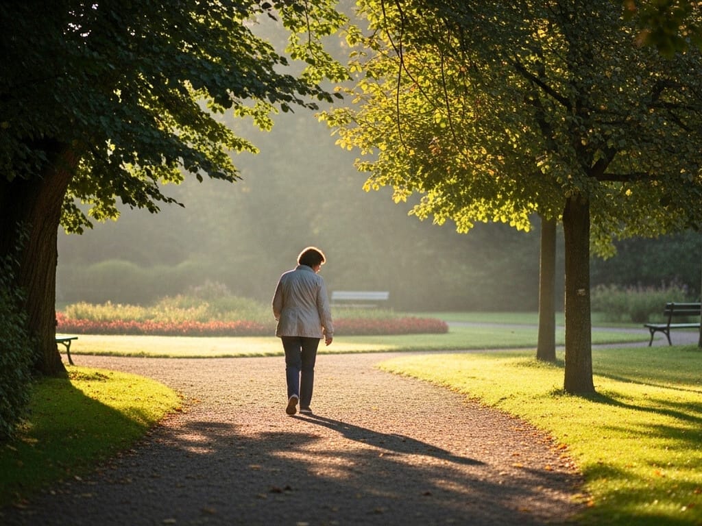 Frau geht ruhig durch einen Park bei sanftem Morgenlicht.