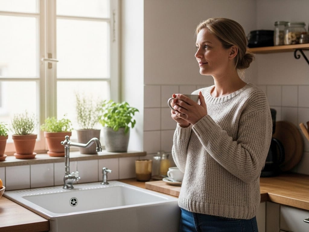 Frau sitzt morgens im Bett und blickt im weichen Tageslicht aus dem Fenster.