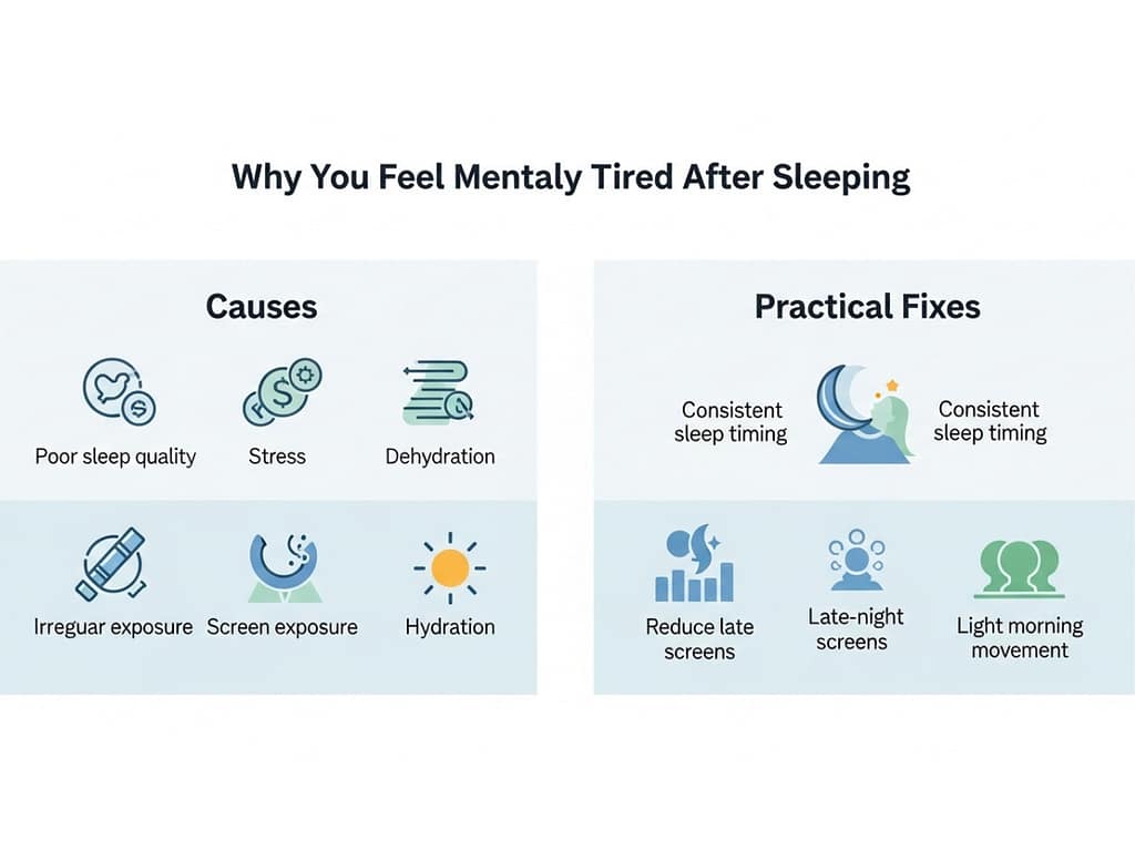 Eine Infografik mit dem Titel „Warum du dich nach dem Schlafen mental müde fühlst“. Sie zeigt Ursachen wie Stress und Dehydration sowie praktische Lösungen wie regelmäßige Schlafzeiten und weniger Bildschirmzeit.