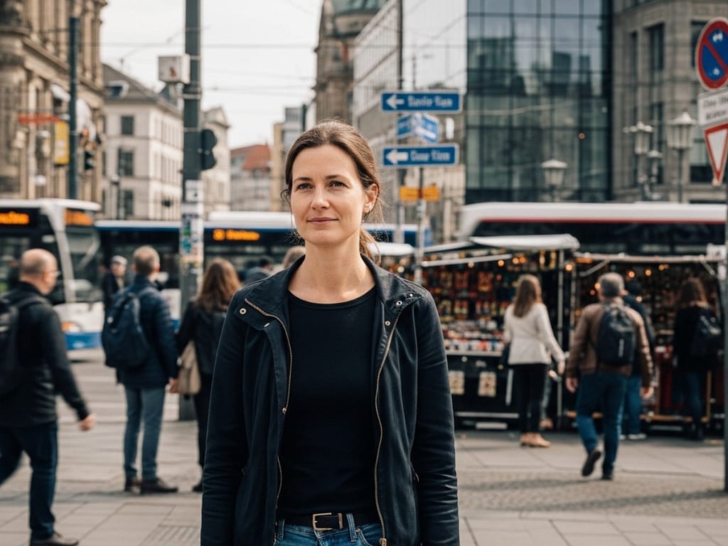 Frau steht ruhig in einer belebten deutschen Innenstadt mit vorbeigehenden Menschen.