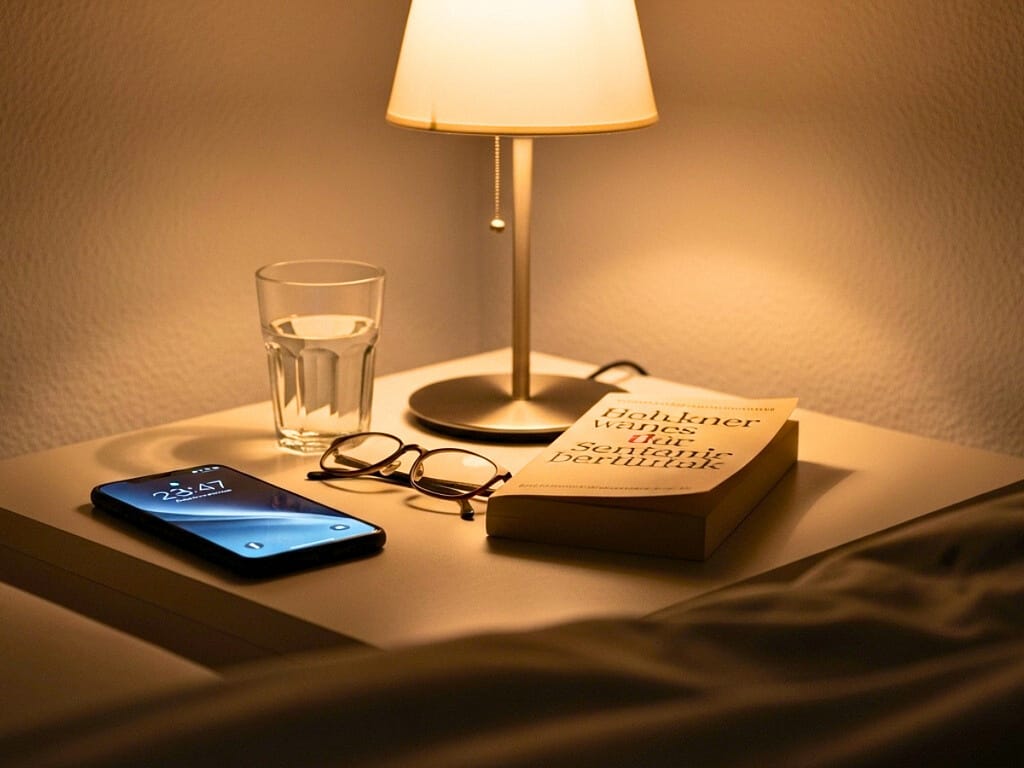 Smartphone liegt nachts auf einem Nachttisch neben einer leuchtenden Lampe.