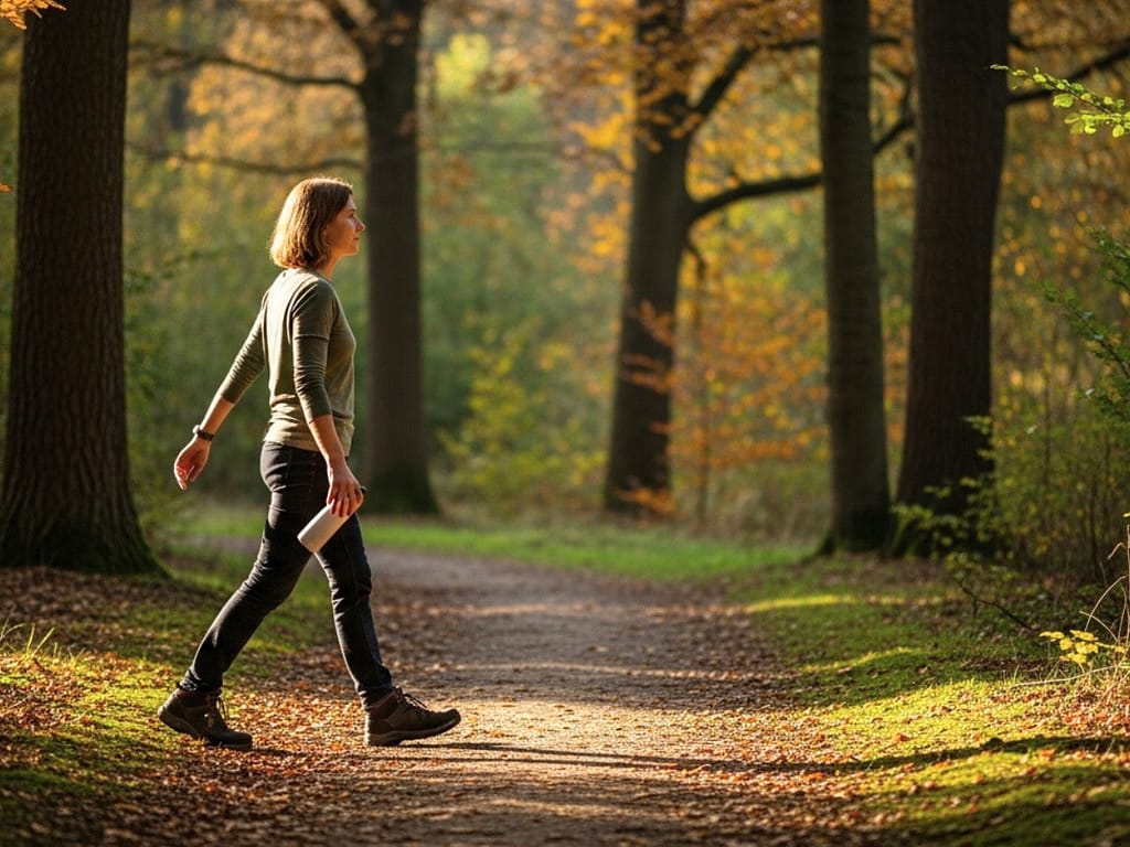 Frau geht ruhig durch einen Park in natürlicher Umgebung bei weichem Licht.