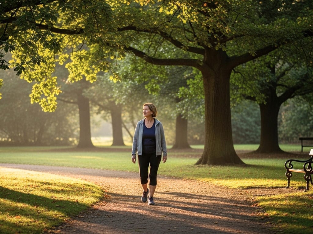 Frau geht ruhig durch einen Park bei sanftem Morgenlicht.