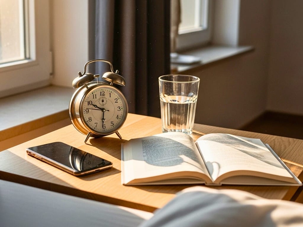 Smartphone und Wecker liegen am frühen Morgen auf einem Nachttisch im Tageslicht.