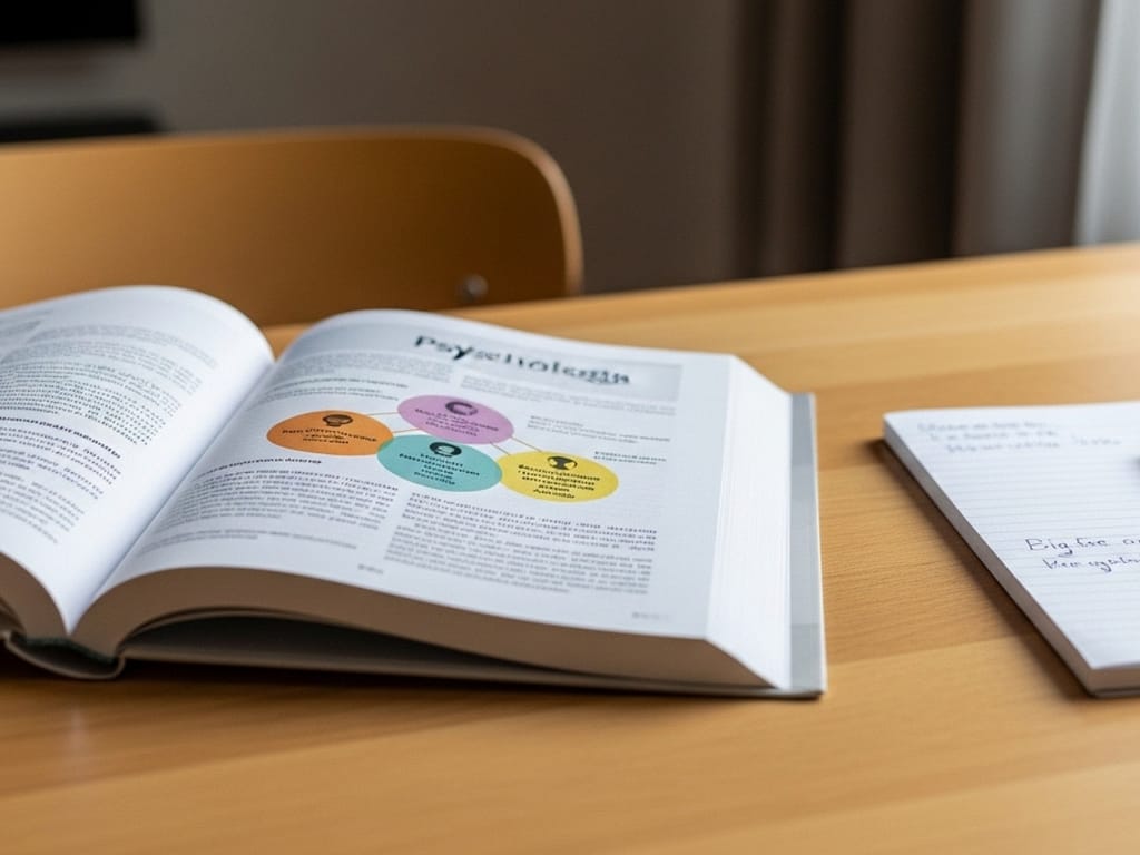 Aufgeschlagenes Psychologie-Buch über Persönlichkeit auf einem Schreibtisch im Tageslicht.