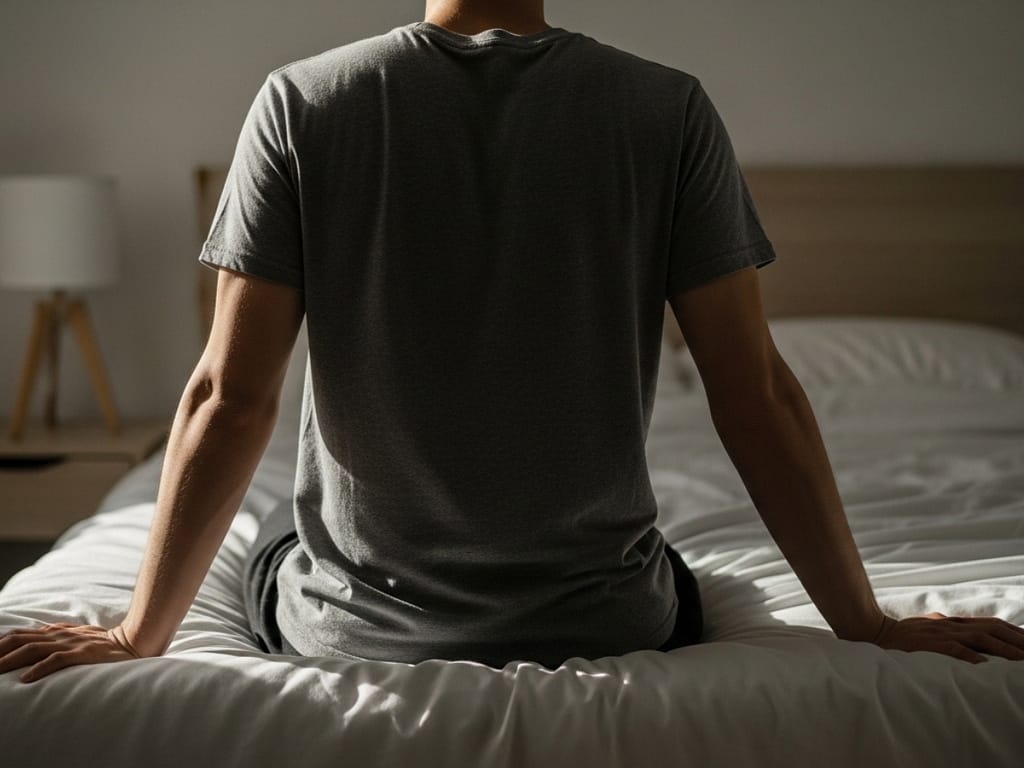 Ein Mann sitzt mit dem Rücken zur Kamera auf der Bettkante in einem hellen Schlafzimmer. Das Sonnenlicht fällt sanft in den Raum und schafft eine ruhige Morgenstimmung.