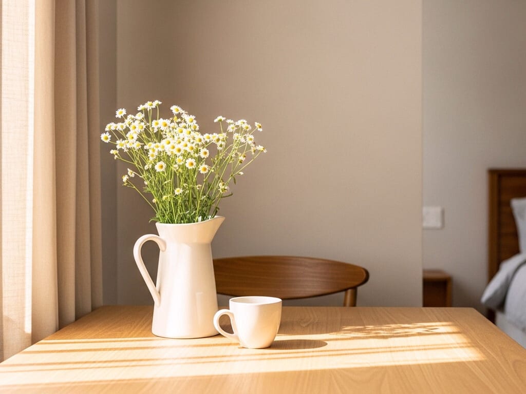 smartphone und Wecker auf einem Nachttisch im sanften Morgenlicht.