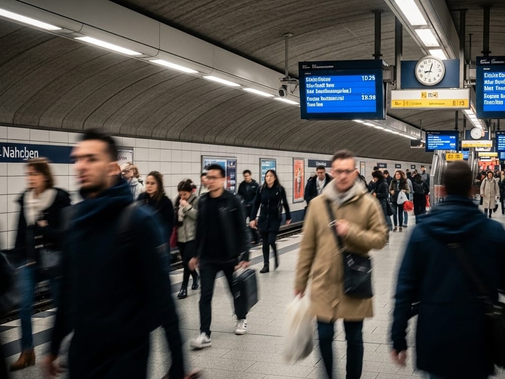 Belebter Bahnsteig in Deutschland während der morgendlichen Rushhour.