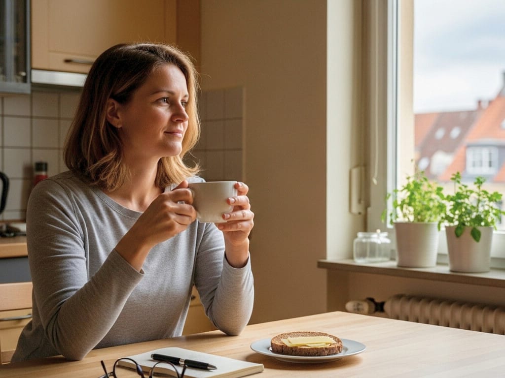 Frau sitzt nachdenklich am Küchentisch und blickt im Morgenlicht aus dem Fenster.