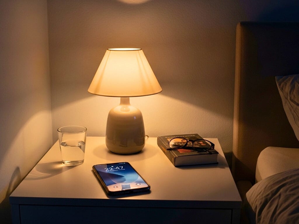 Smartphone liegt nachts auf einem Nachttisch neben einer leuchtenden Lampe.