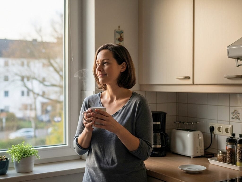 Frau steht entspannt am Fenster und genießt ihren Kaffee am Morgen.