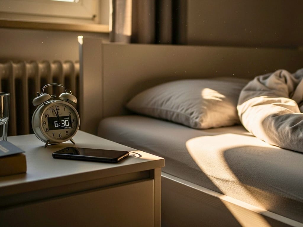 Smartphone und Wecker liegen am frühen Morgen auf einem Nachttisch im Tageslicht.