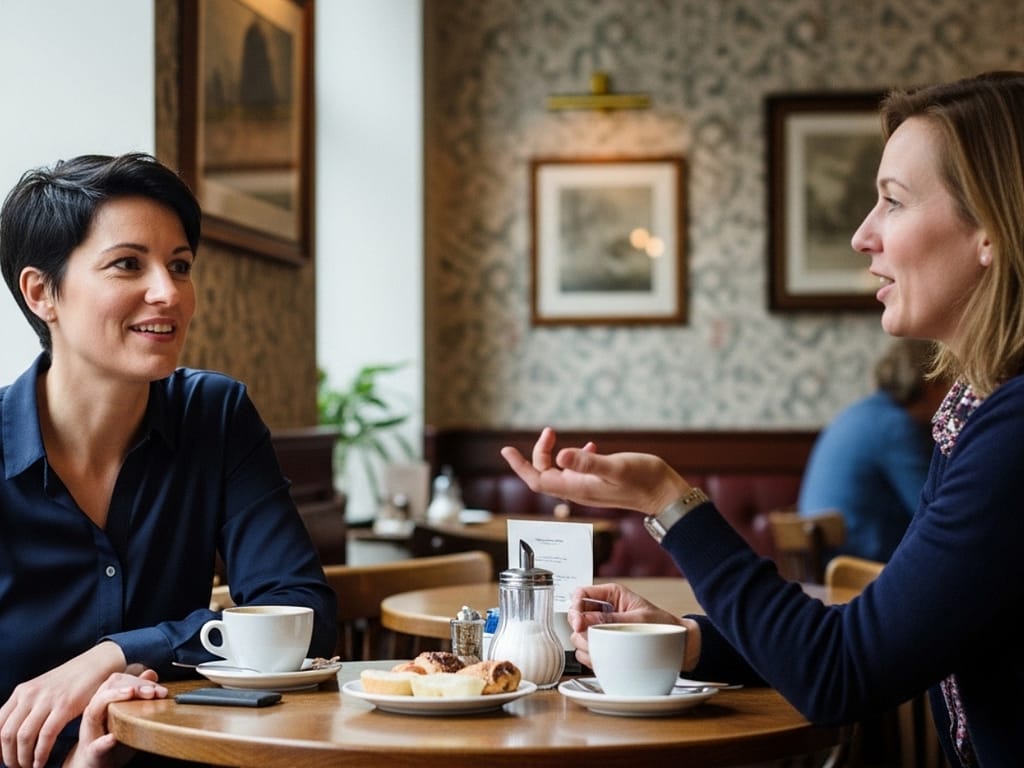 Zwei Frauen unterhalten sich freundlich im Park bei natürlichem Tageslicht.