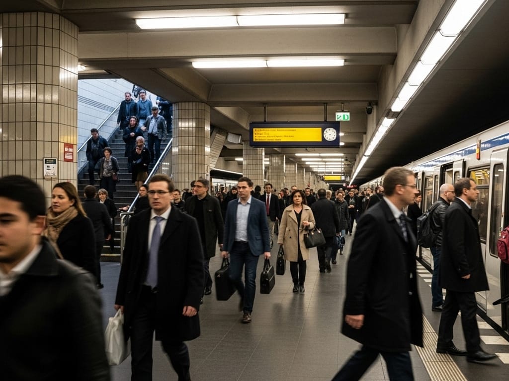 Belebter Bahnsteig in Deutschland während der morgendlichen Rushhour.