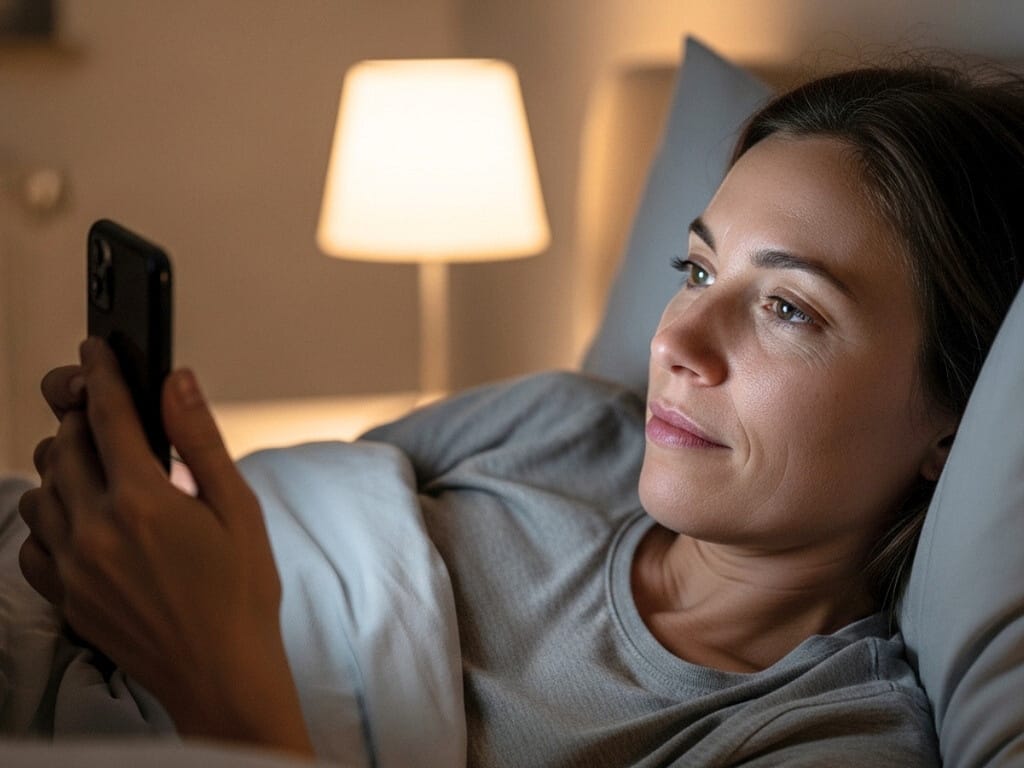 Frau liegt abends im Bett und nutzt ihr Smartphone bei gedämpftem Licht.