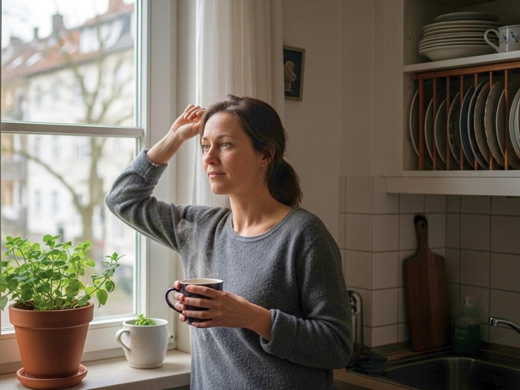 Frau steht entspannt am Fenster und genießt ihren Kaffee am Morgen.