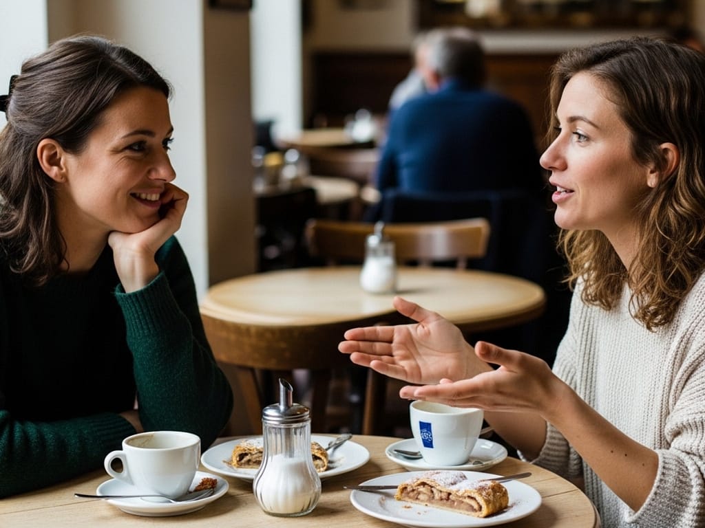Zwei Frauen unterhalten sich freundlich im Park bei natürlichem Tageslicht.