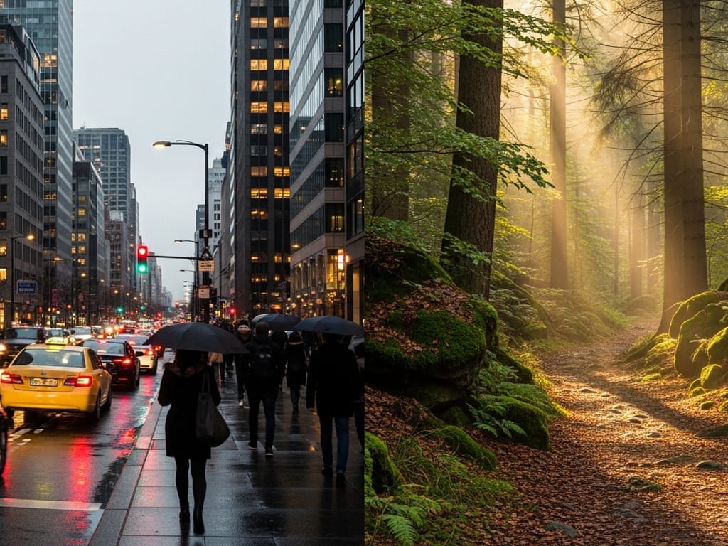 Gegenüberstellung von belebter Stadt und ruhigem Waldweg im Morgenlicht.
