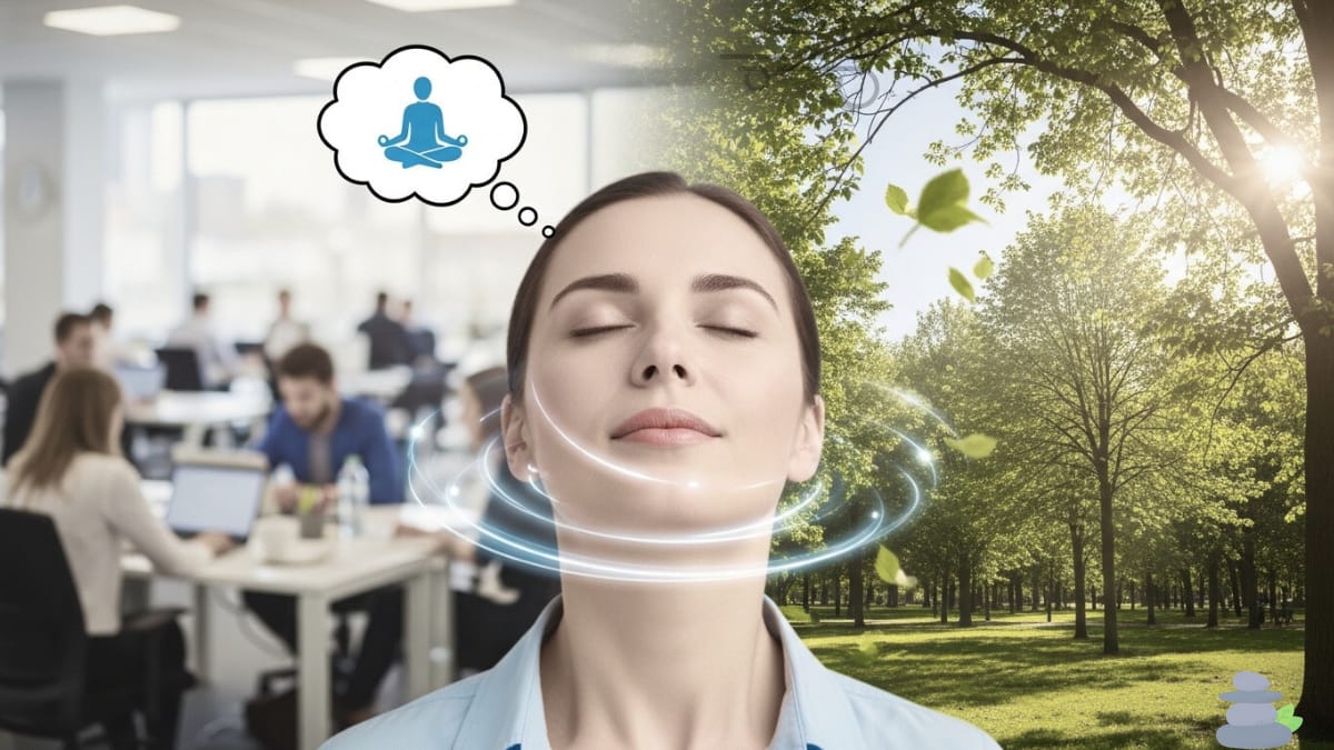 Frau mit geschlossenen Augen, die eine Atemübung gegen Stress praktiziert, zwischen einem belebten Büro und einer sonnigen Parklandschaft stehend.