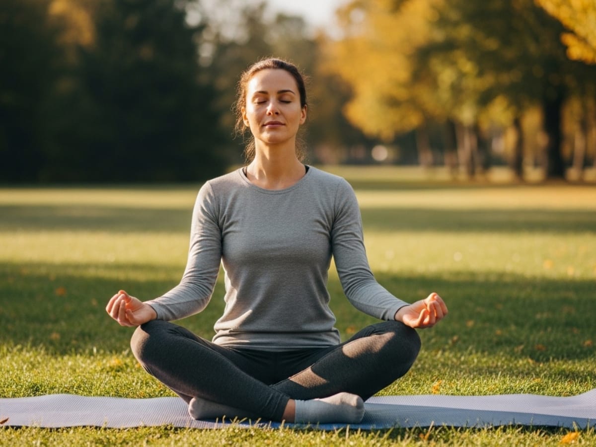 Frau meditiert in einem sanft beleuchteten deutschen Wohnzimmer am Fenster.