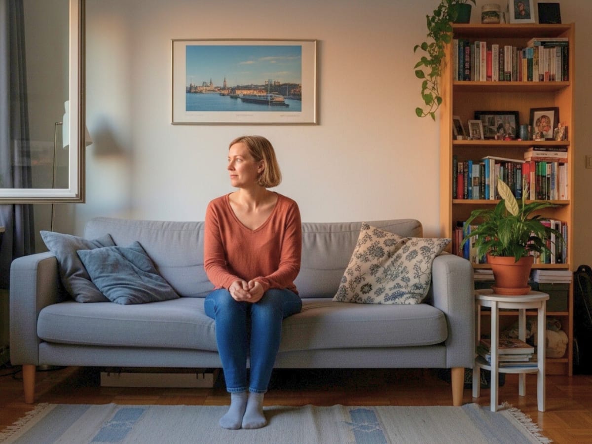 Frau sitzt auf einem Sofa und nutzt ruhig ihr Smartphone am Abend.