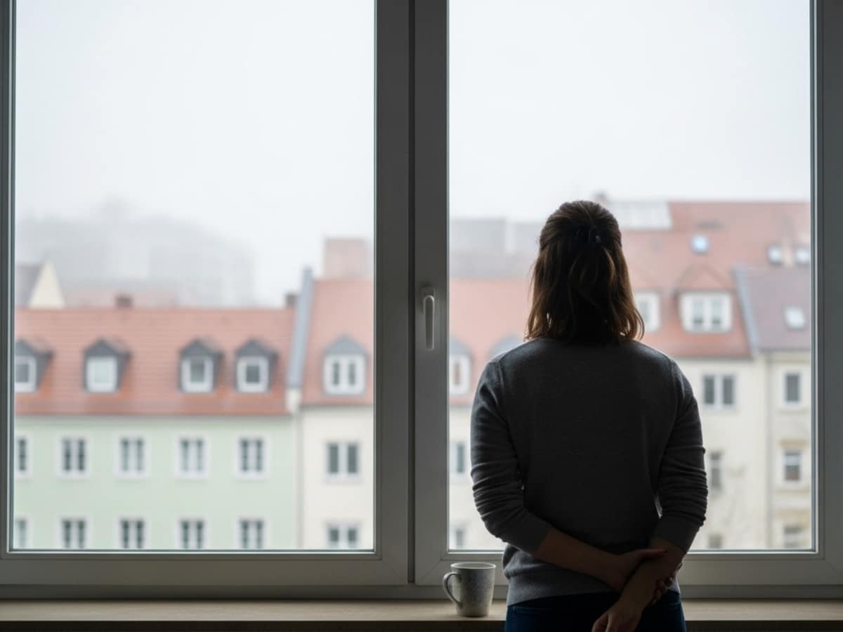 Eine Frau steht mit dem Rücken zur Kamera an einem großen Fenster und blickt nachdenklich auf die Dächer einer nebligen Stadt. Neben ihr steht eine Tasse Kaffee auf dem Fensterbrett.