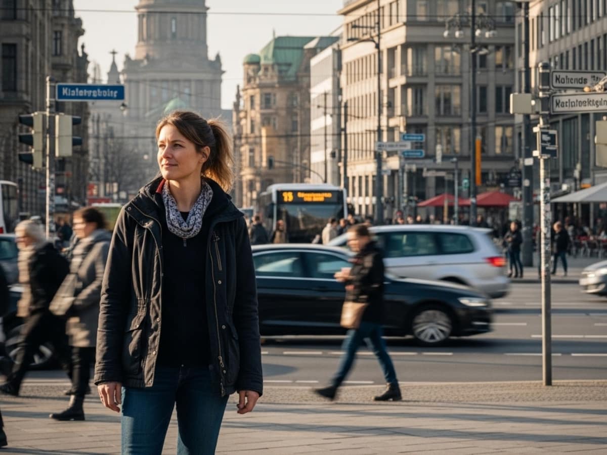 Frau steht ruhig in einer belebten deutschen Innenstadt mit vorbeigehenden Menschen.