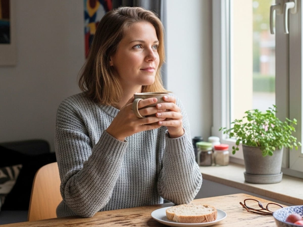 Frau sitzt nachdenklich am Küchentisch und blickt im Morgenlicht aus dem Fenster.