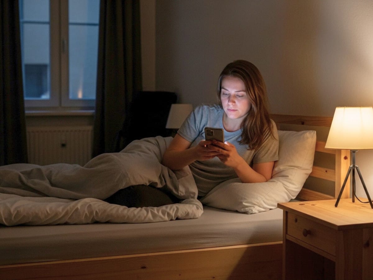 Frau liegt abends im Bett und nutzt ihr Smartphone bei gedämpftem Licht.